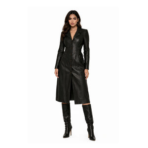 Woman wearing a vintage black leather trench coat, calf-length genuine leather, SA Small, CapeTownVintage South Africa