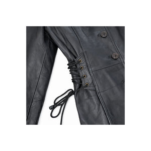 close up of side lacing vintage black leather trench coat, calf-length genuine leather, SA Small, CapeTownVintage South Africa