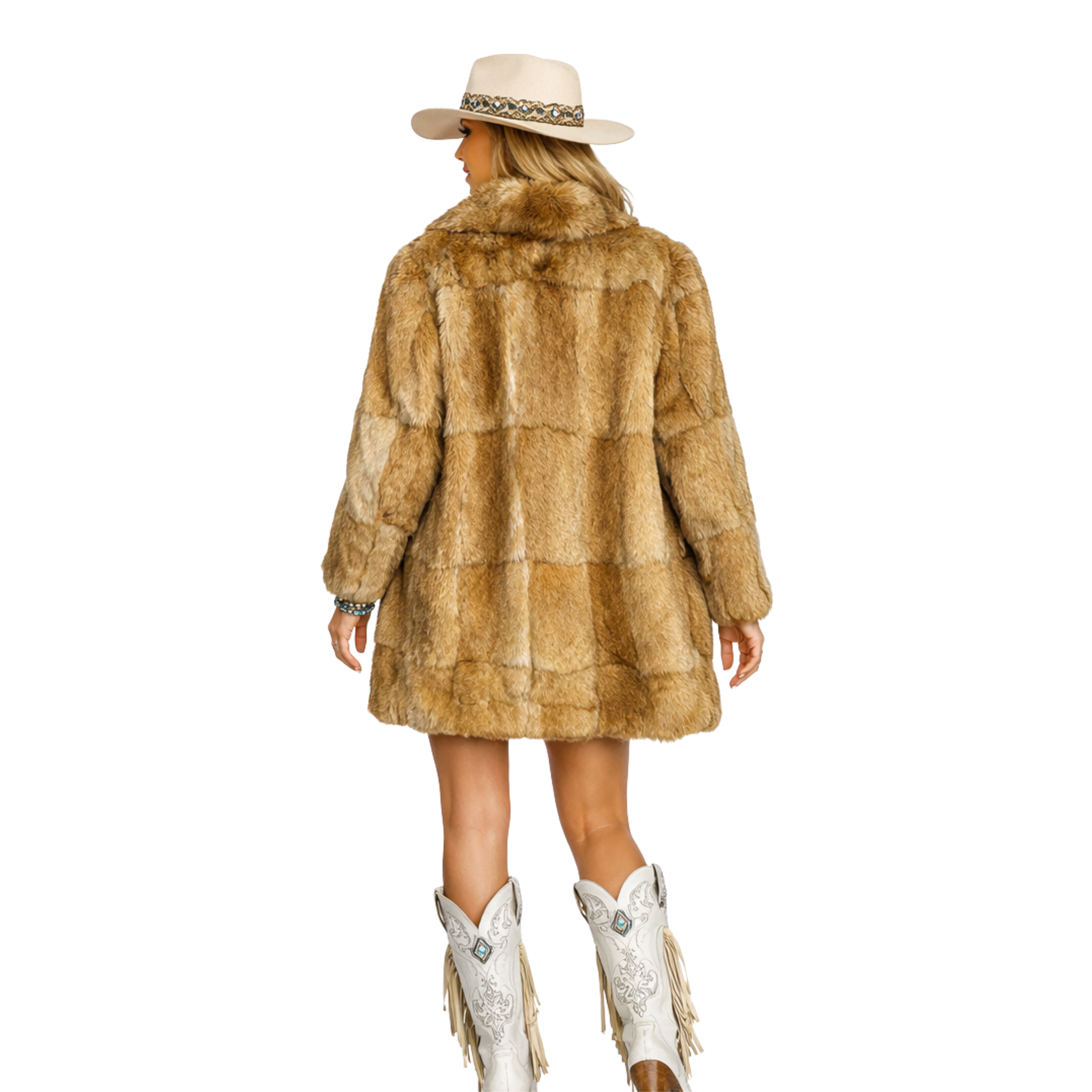 Ultra Luxe Soft Caramel Beige Vintage Long Fur Coat back view