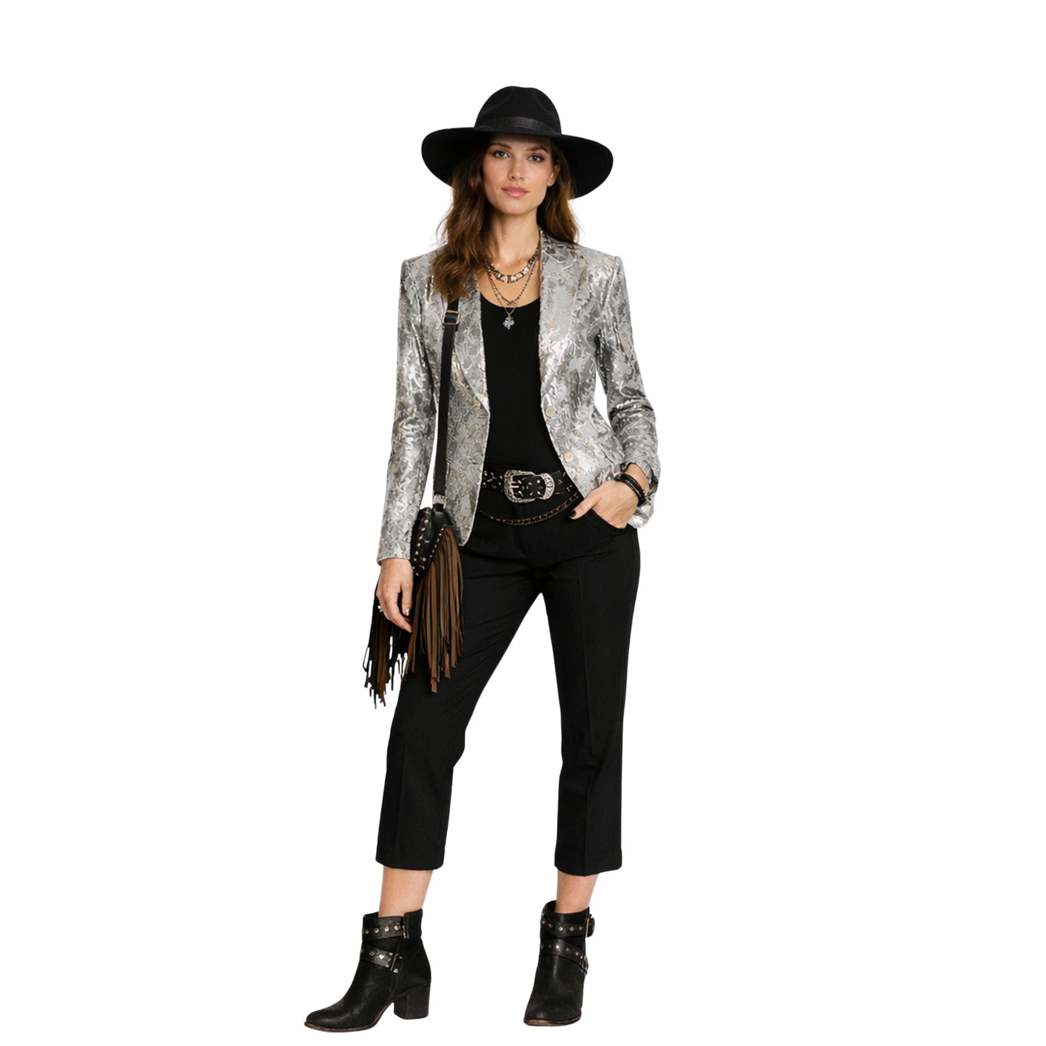 Joe fresh silver sequin blazer front view 
