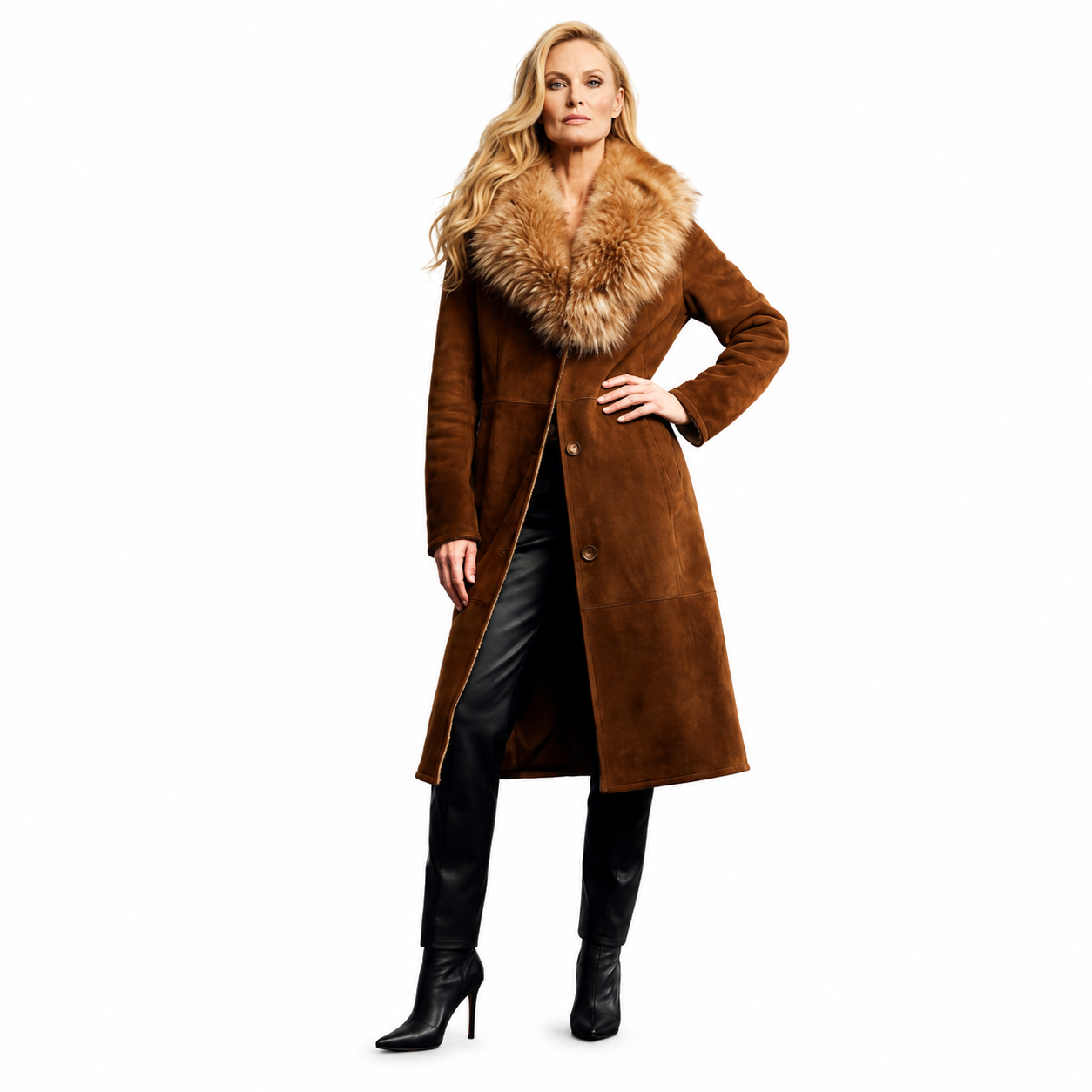 Vintage Suede Shearling Style Coat with Statement Fur Collar | Luxury Winter Coat