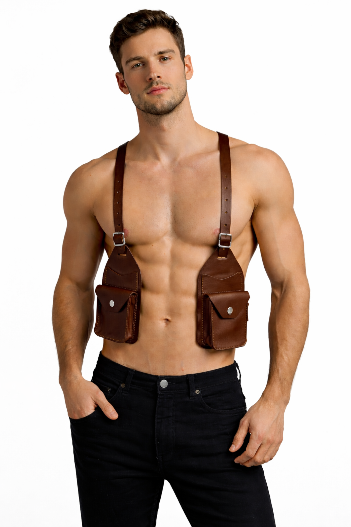 Leather Festival Harness – Dual Pocket Utility brown front view