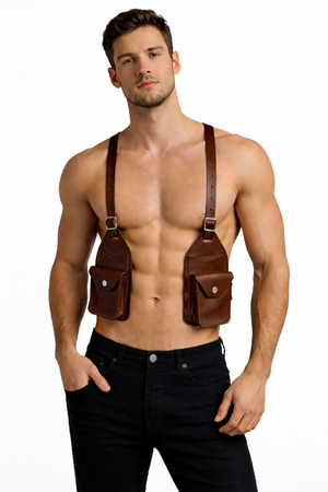 Leather Festival Harness – Dual Pocket Utility brown front view