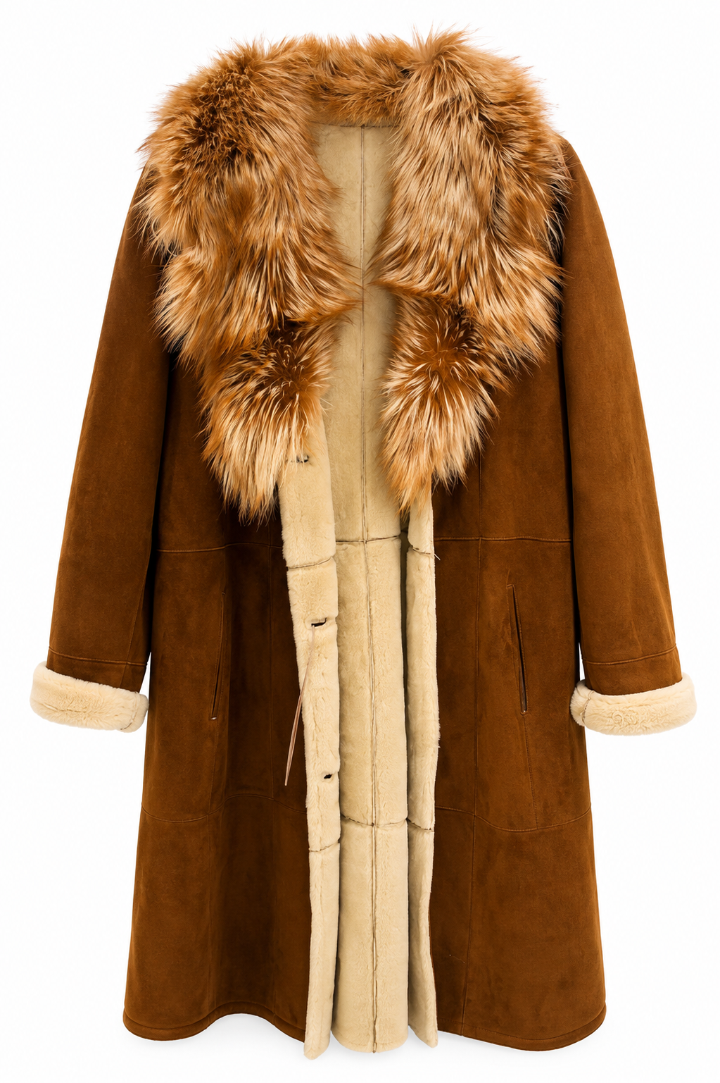 Vintage Suede Shearling Style Coat with Statement Fur Collar | Luxury Winter Coat