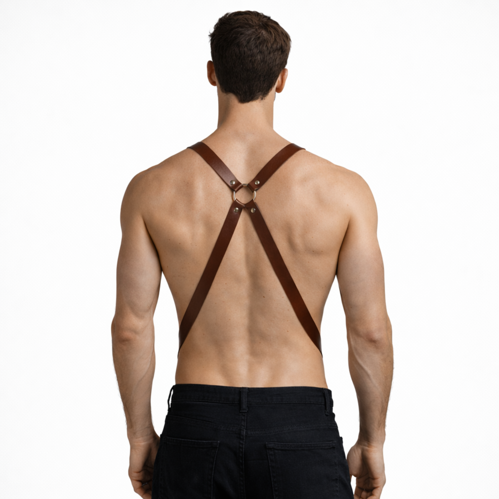 Leather Festival Harness – Dual Pocket Utility back view of harness on model