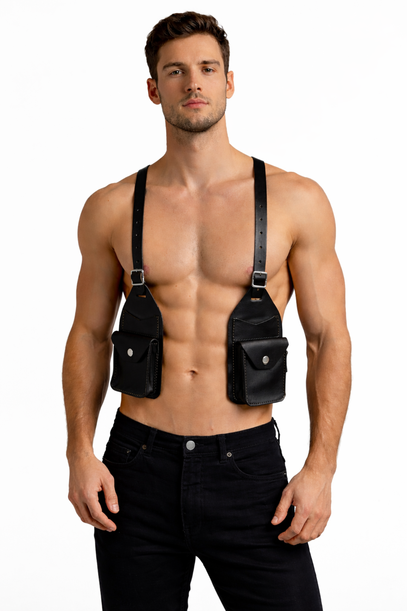 Leather Festival Harness – Dual Pocket Utility FRONT VIEW black