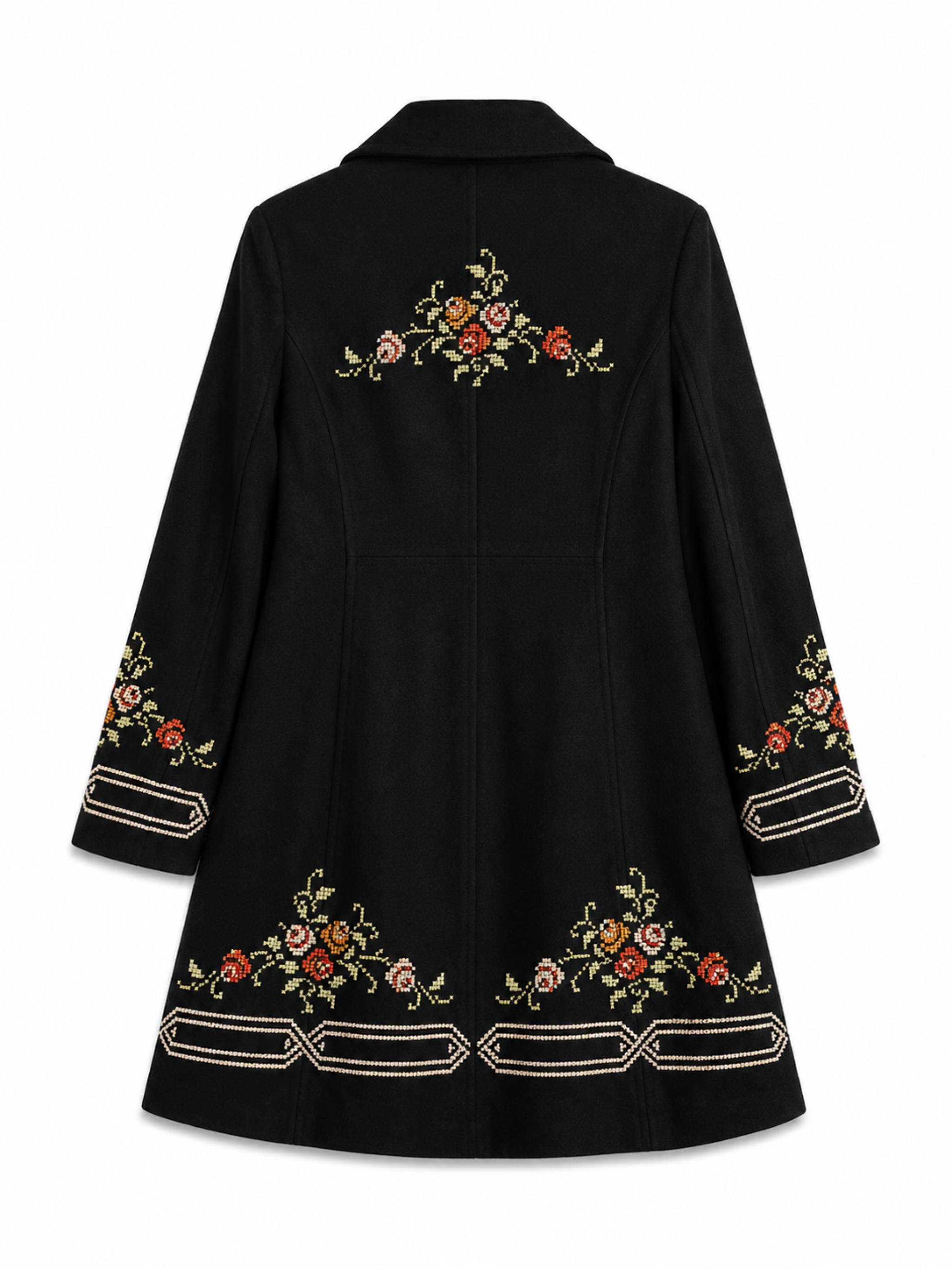 Vintage black embroidered coat with floral folk art, back view