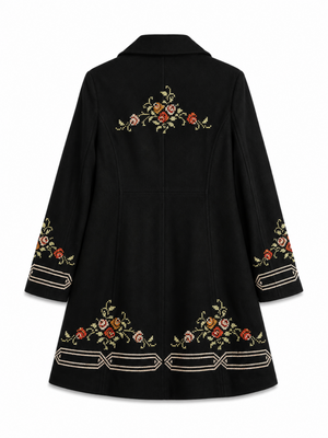 Vintage black embroidered coat with floral folk art, back view