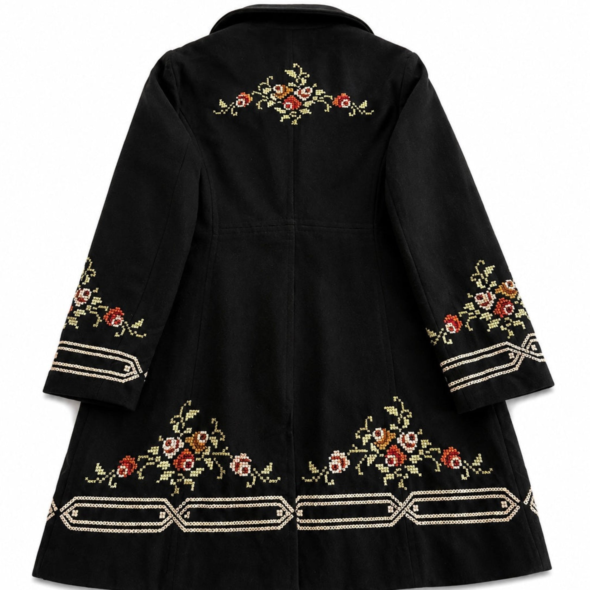 Vintage black embroidered coat with floral folk art, back view