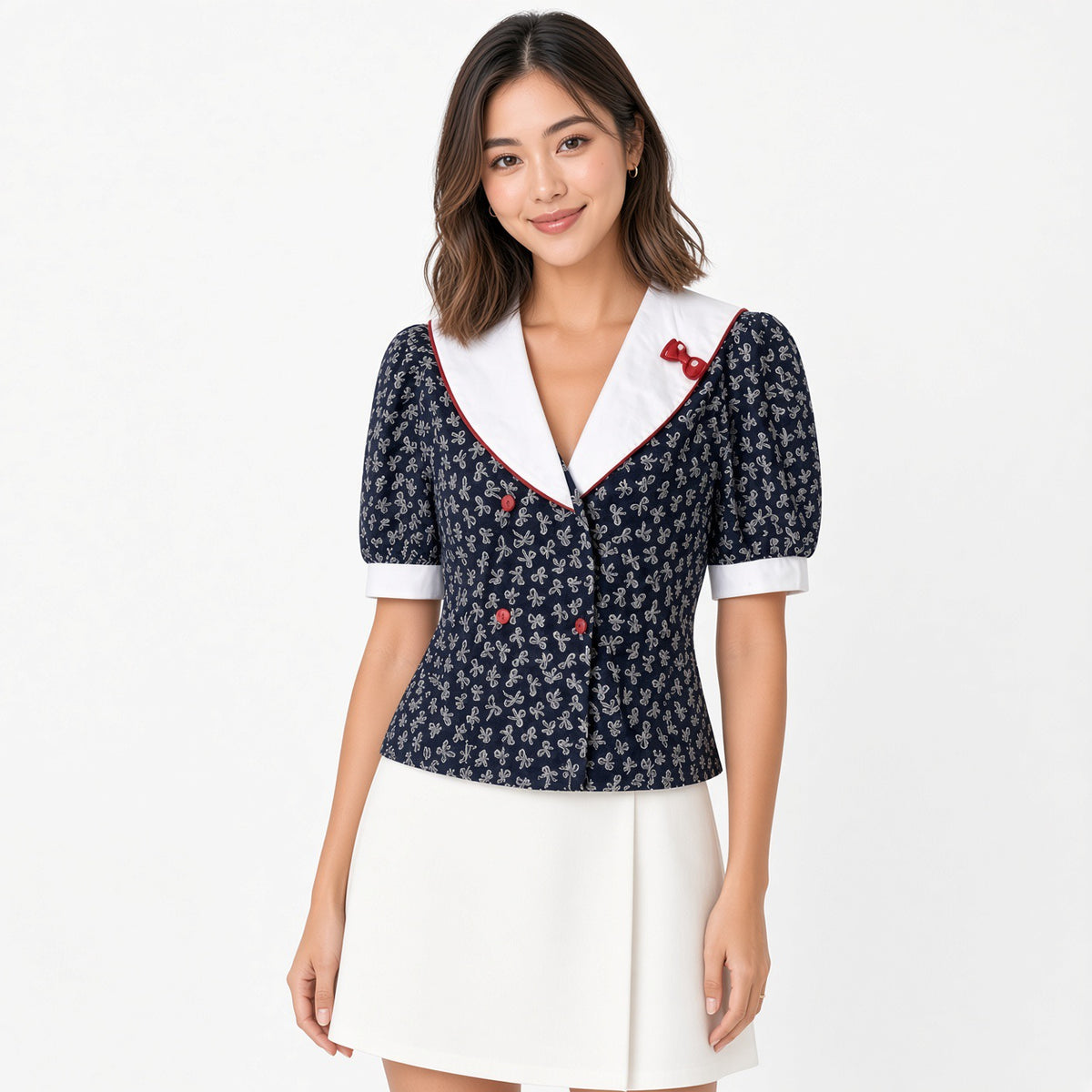 Vintage  navy sailor blouse with white collar and bow print, front
Vintage navy sailor blouse sailor collar front view