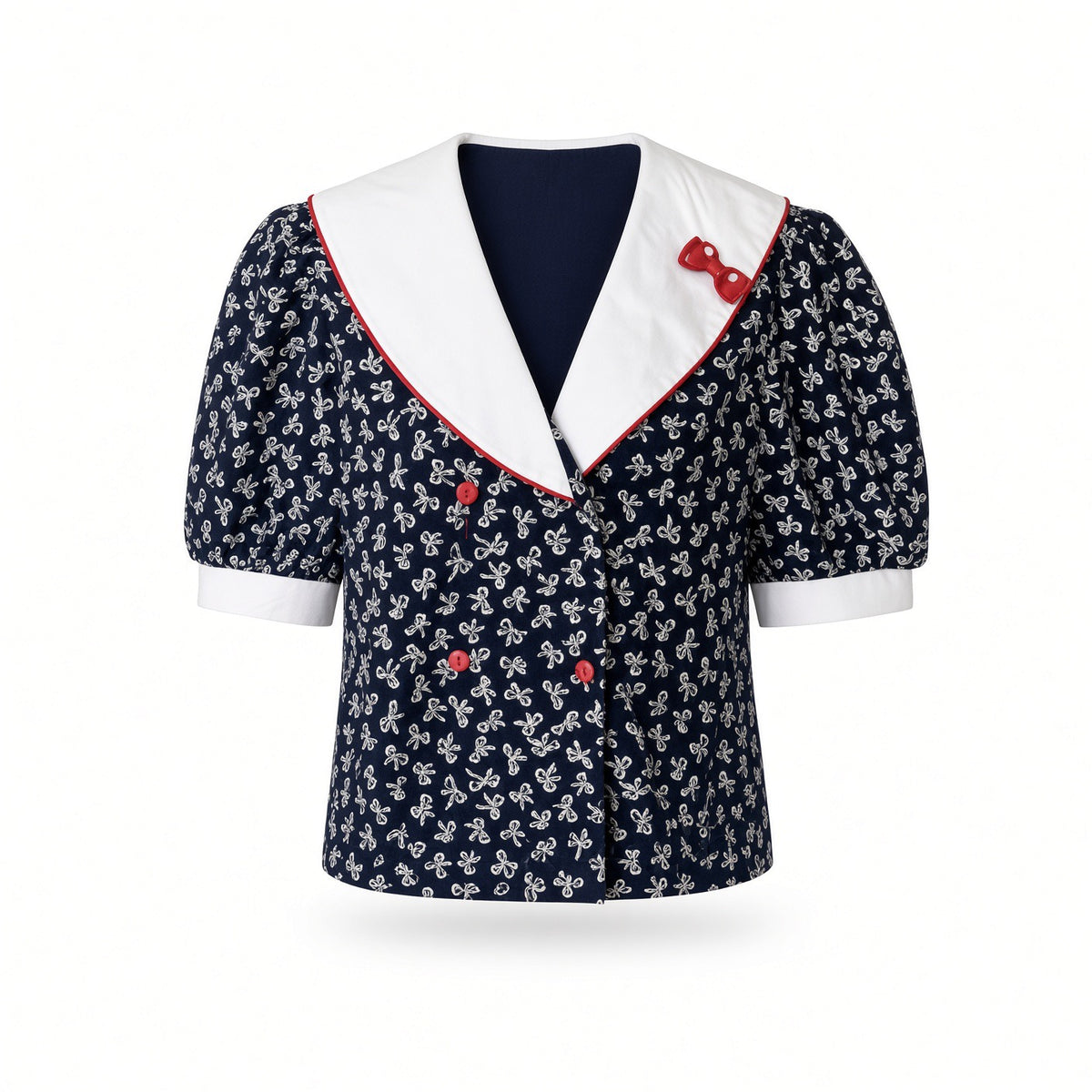 Vintage inspired navy sailor blouse with white collar and bow print, front
Vintage navy sailor blouse sailor collar front view