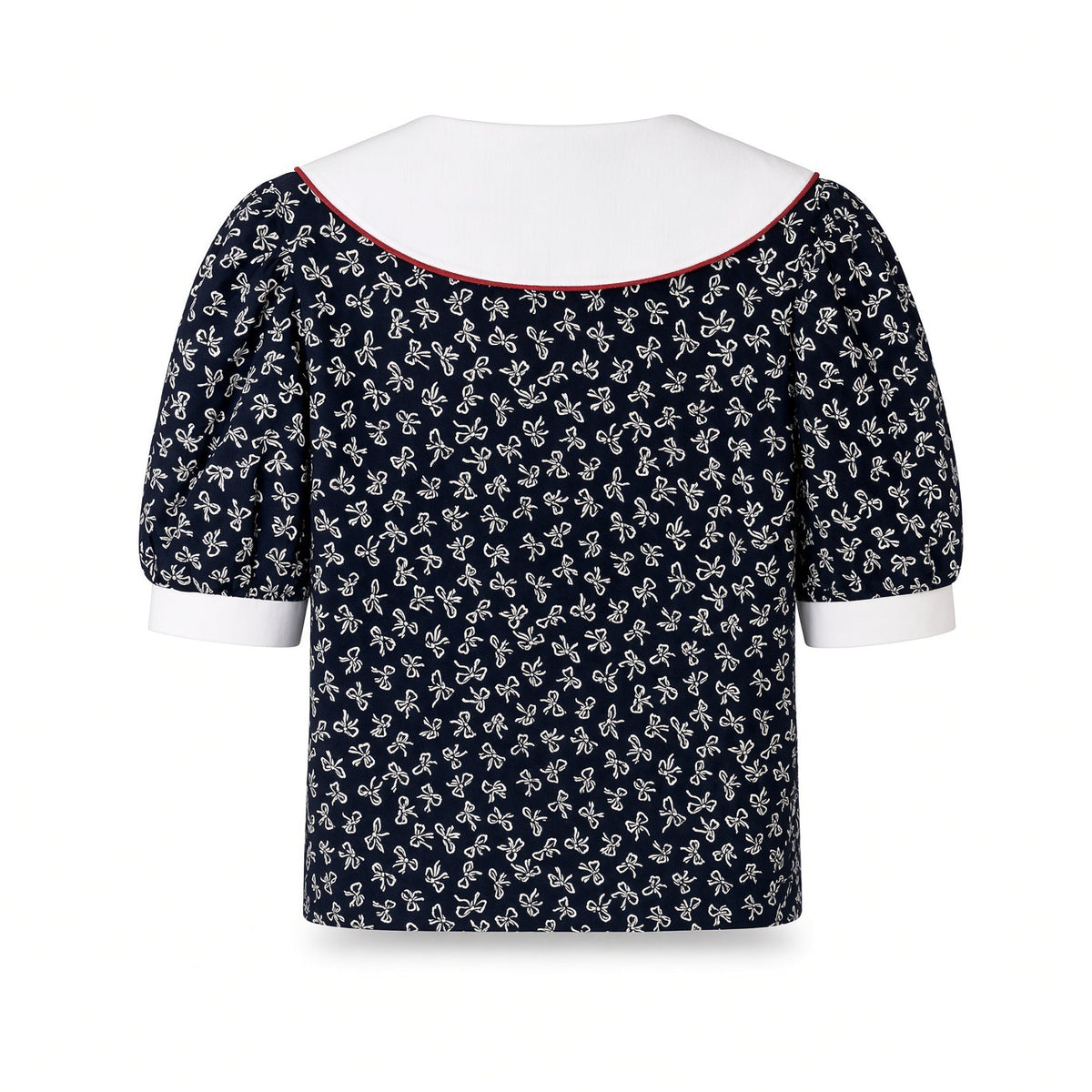 Vintage inspired navy sailor blouse with white collar and bow print, front
Vintage navy sailor blouse sailor collar back viewv