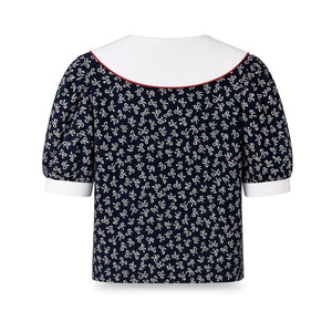Vintage inspired navy sailor blouse with white collar and bow print, front
Vintage navy sailor blouse sailor collar back viewv