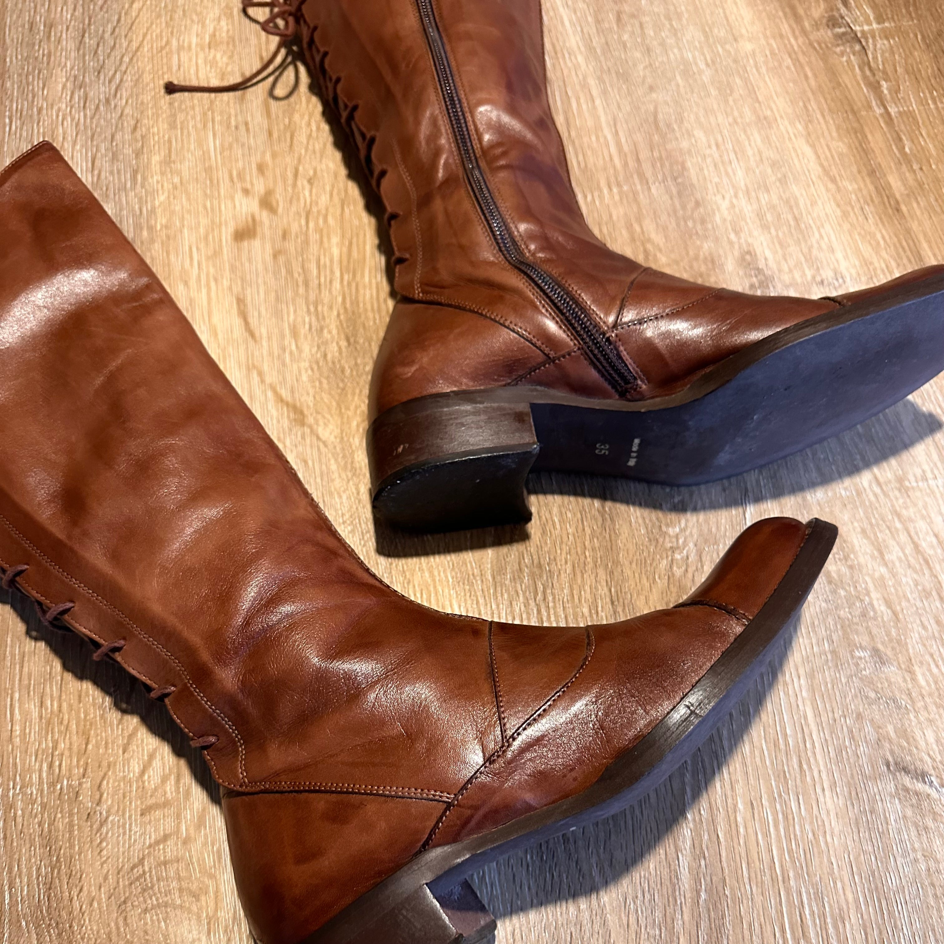 Vintage Cognac Brown Leather Mid-Calf Boots  | Equestrian style Boho like Riding Boots