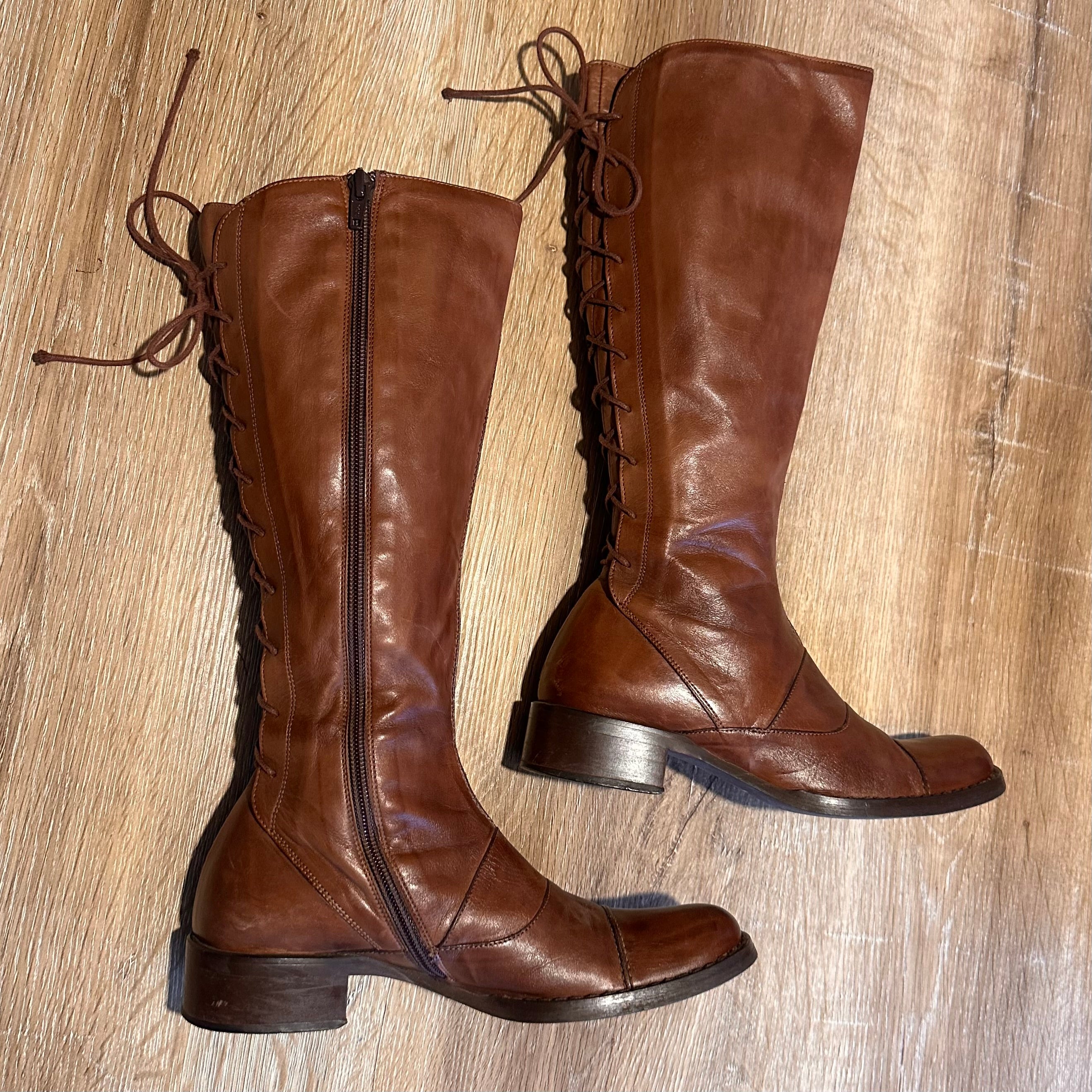 Vintage Cognac Brown Leather Mid-Calf Boots  | Equestrian style Boho like Riding Boots