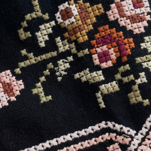 Close-up of cross-stitched pattern on black fabric with multicolored threads.