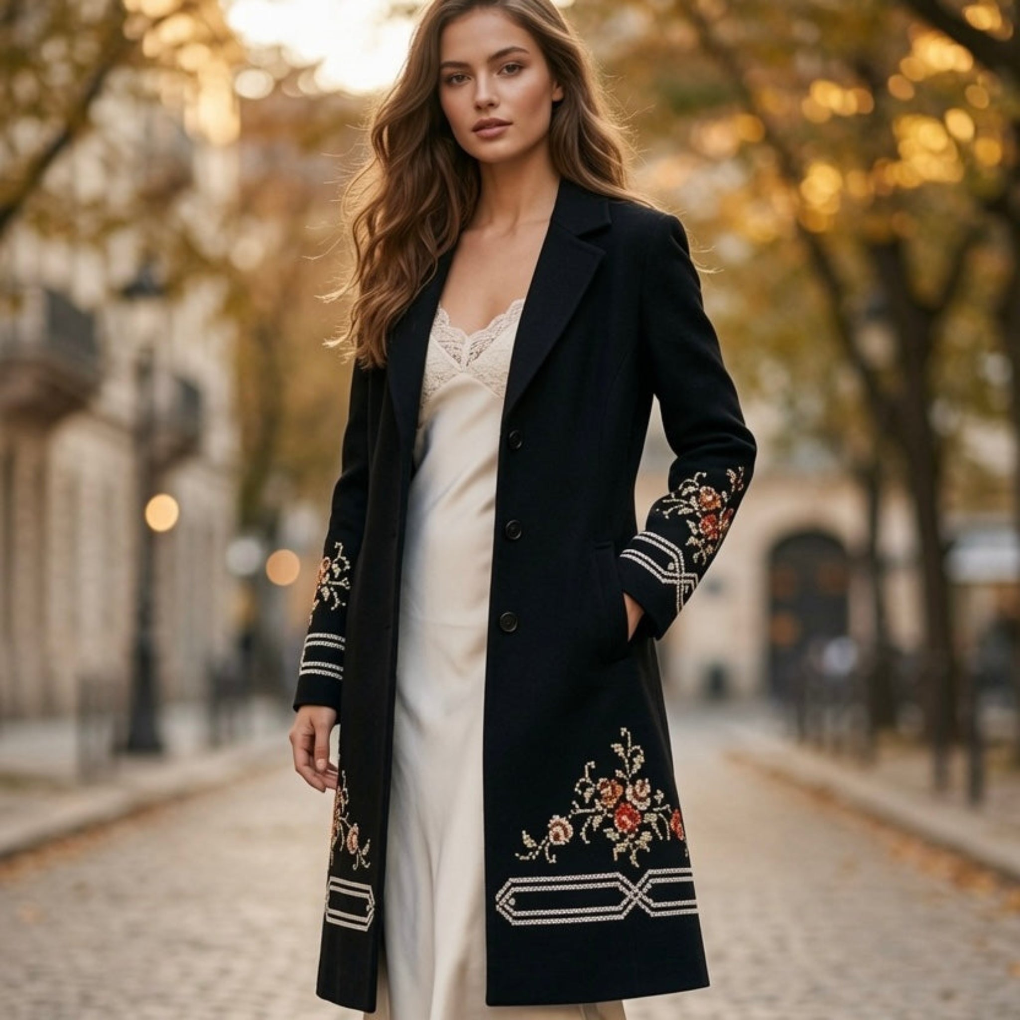 woman wearing vintage black embroidered coat with floral folk art, street view
