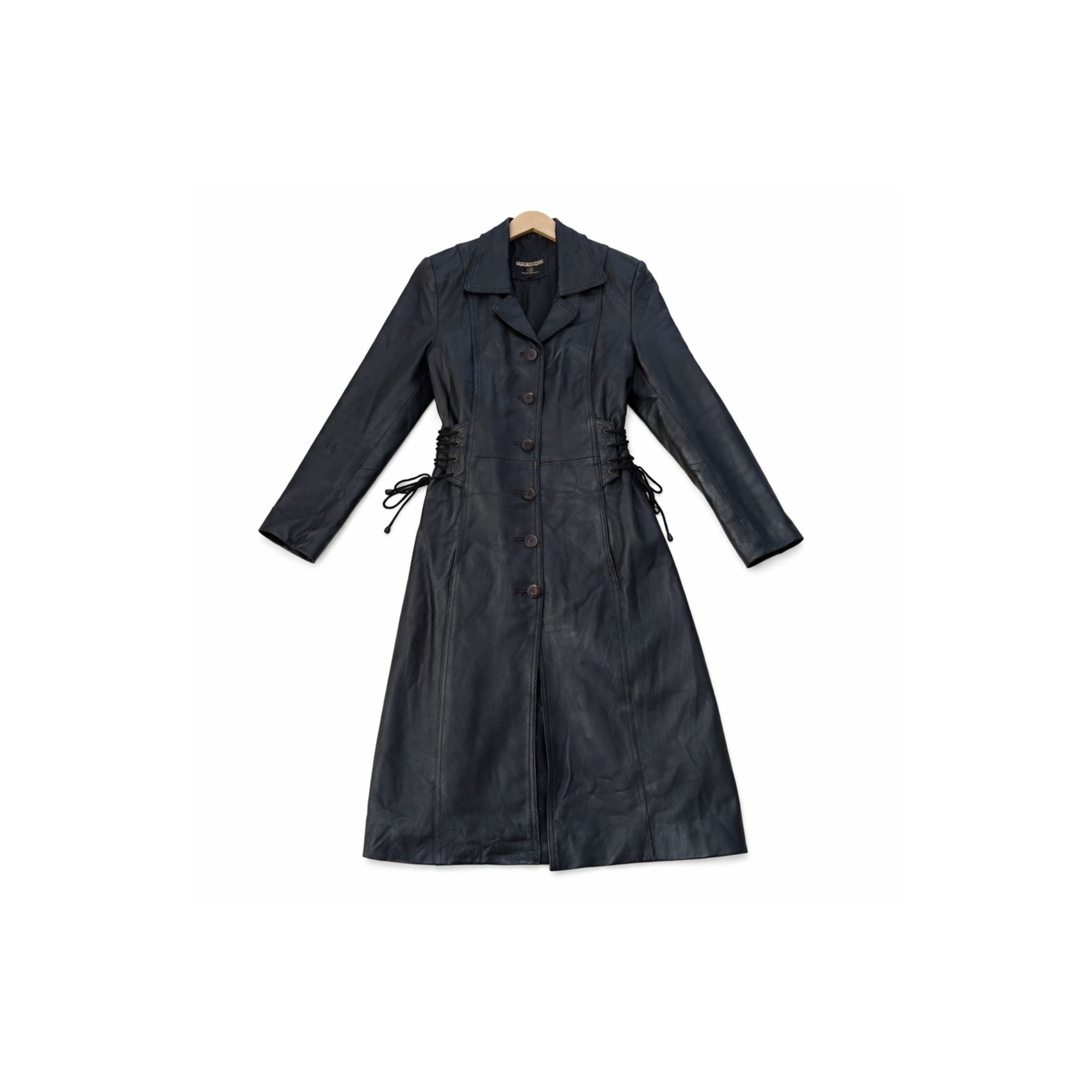 
 front view vintage black leather trench coat, calf-length genuine leather, SA Small, CapeTownVintage South Africa