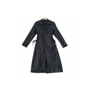 
 front view vintage black leather trench coat, calf-length genuine leather, SA Small, CapeTownVintage South Africa