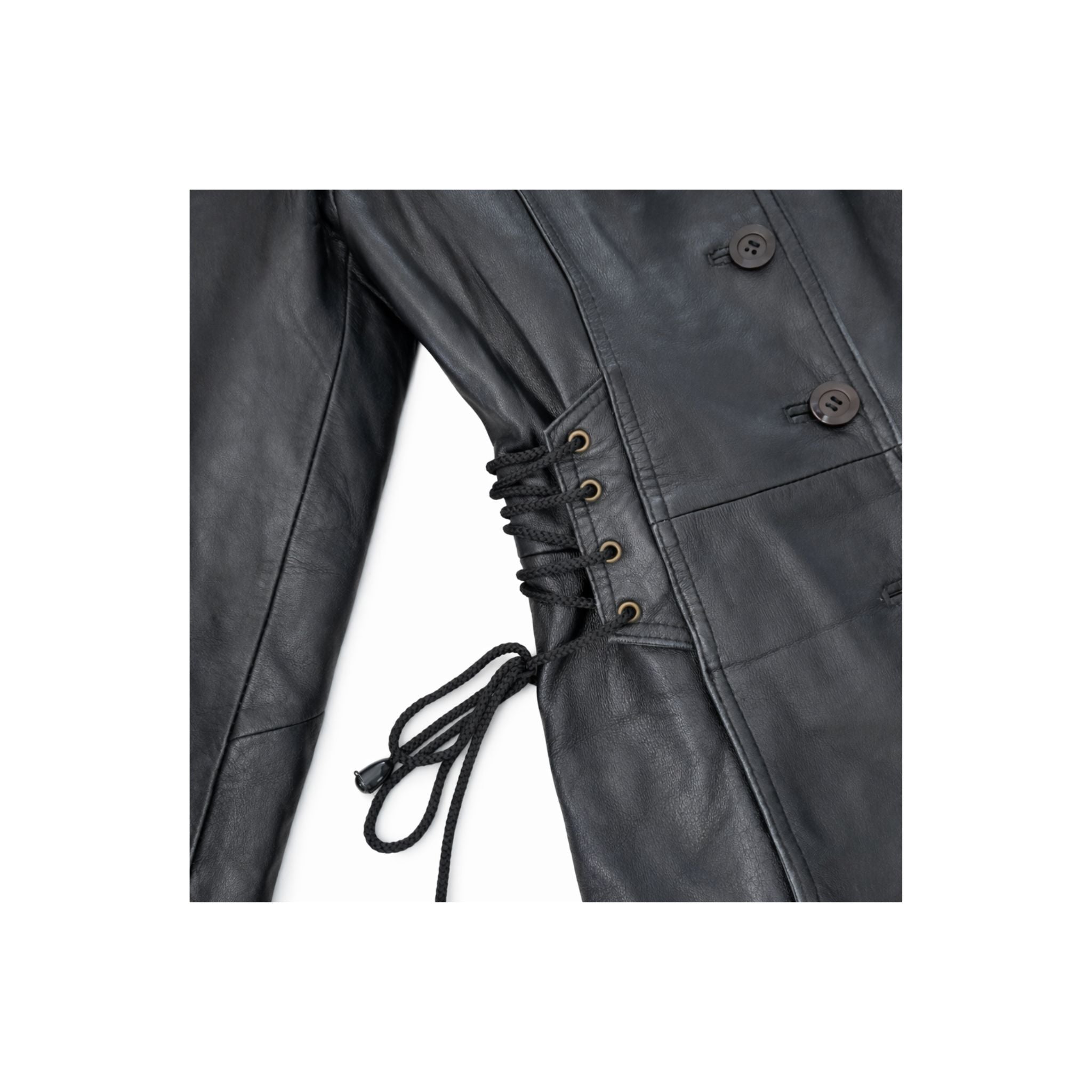 
close up of side lacing vintage black leather trench coat, calf-length genuine leather, SA Small, CapeTownVintage South Africa