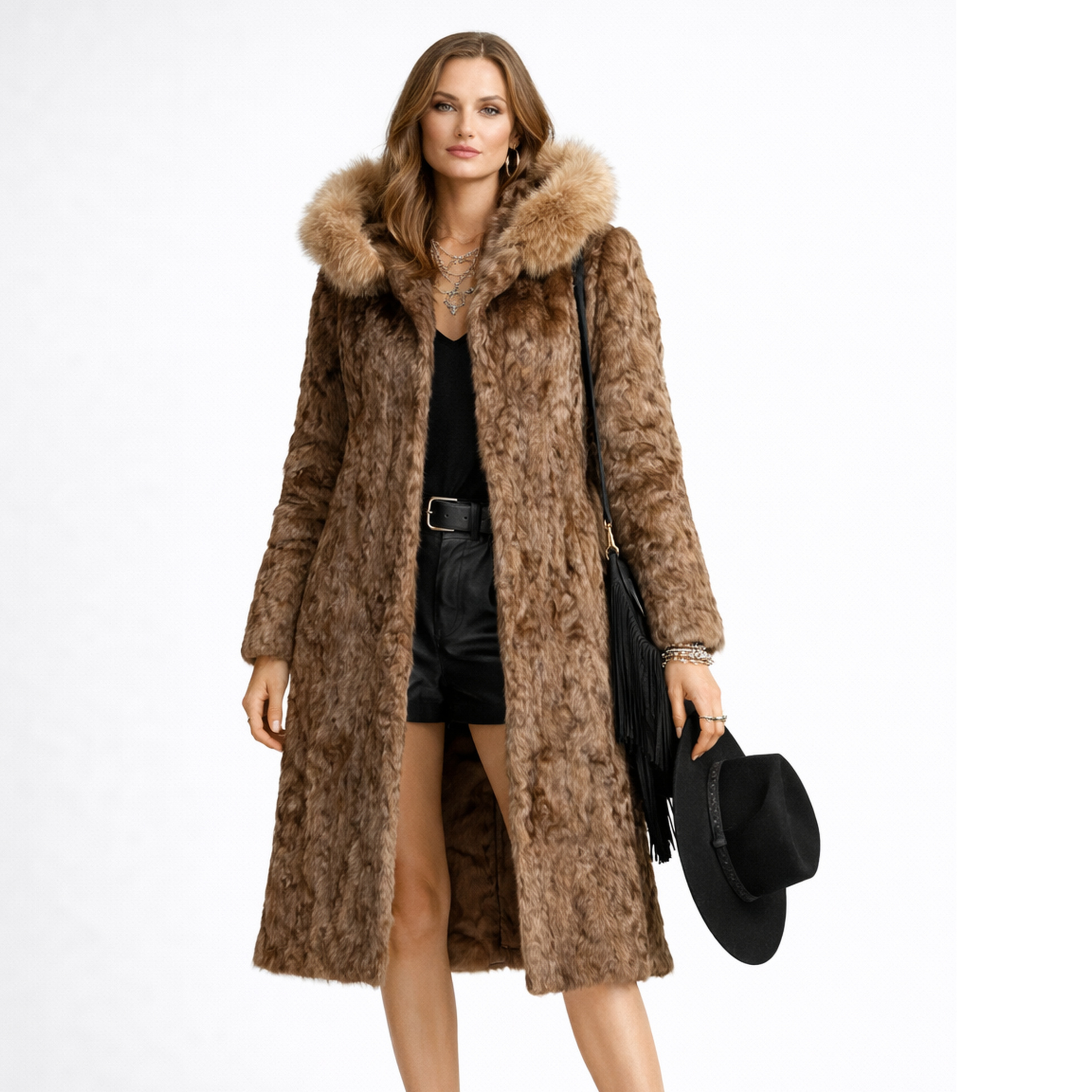 Taupe Astrakhan-Style Vintage Fur Coat front view