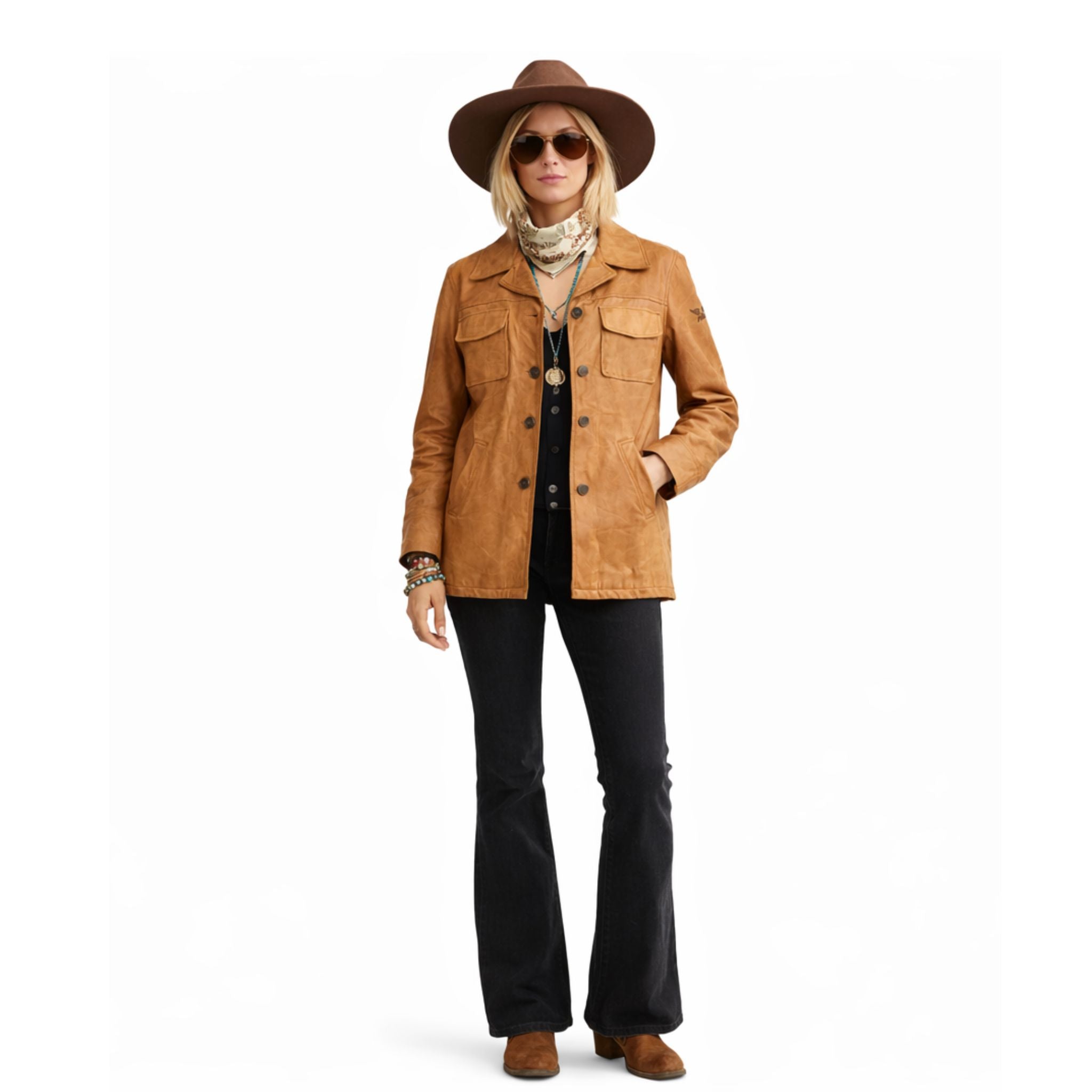 Vintage tan leather jacket front view